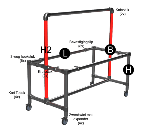 Steigerbuis onderstel tafel zwart met bovenbuis uit buis Ø 42,4 mm zwenkwielen